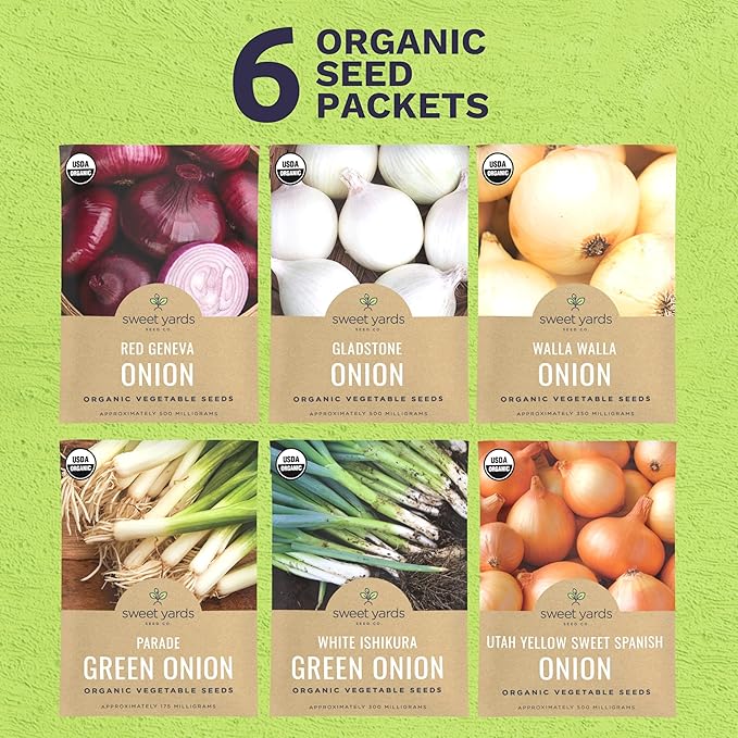 Organic Onion Seeds Variety Pack - 6 Individual Packs - 2026 Season - Walla Walla, Gladstone, Red Geneva and More! for Indoor & Outdoor Planting (Non-GMO, Certified Organic) -