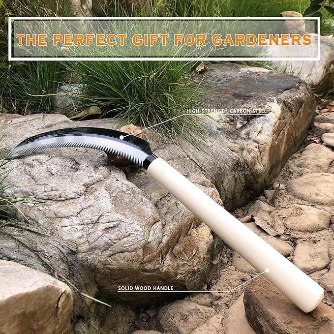 Grass Sickle with Sawtooth Japanese Weeding Hoe Garden Hand Tool Weeding Tools for Garden High-Strength Steel with Solid Wood Handle (White)