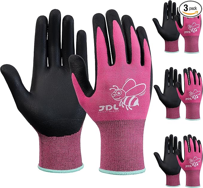 JDL 3 Pairs Nylon Nitrile Coated Gardening Gloves for Women, Touchscreen Yard Garden Gloves, Breathable Safety Work Gloves with Grip, Pink, Medium