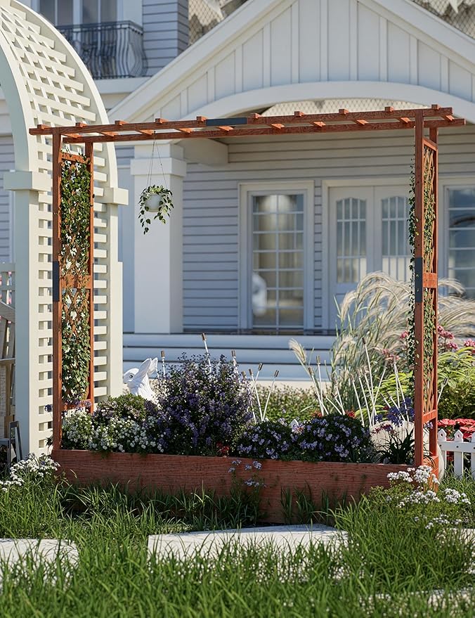 Raised Garden Bed with Trellis, Wood Planter Box with Hanging Roof & Drainage, Elevated Garden Bed for Climbing Plants, Vegetables, Flowers