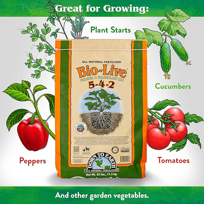 Down To Earth All Natural Fertilizers Organic Bio-Live Starter & Transplant Mix with Mycorrhizal Fungi and Benefical Microbes for Plant Food 5-4-2, 25 lb