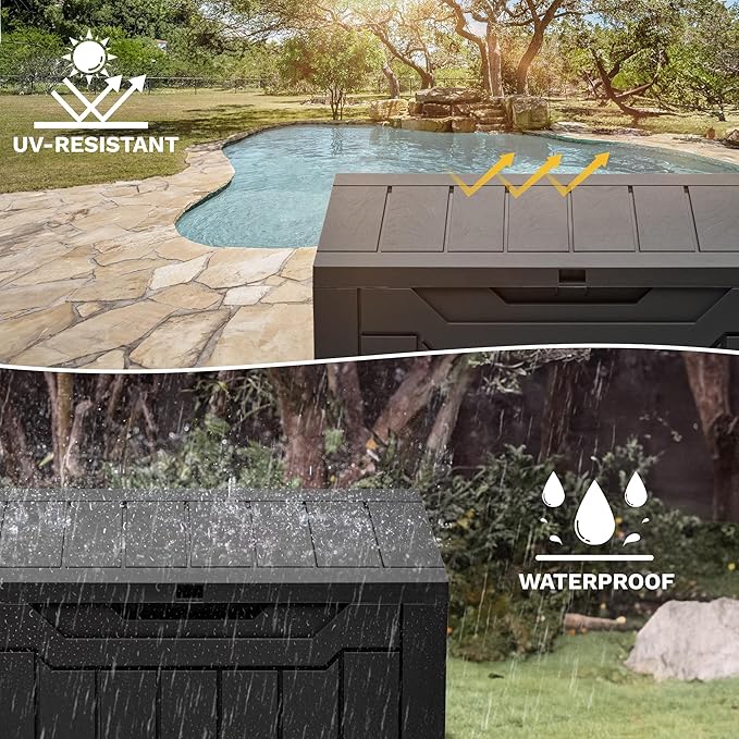 DWVO 30 Gallon Deck Box Outdoor Storage Box, Lockable Outside Storage Bin for Gardening Tools, Patio Cushions, Waterproof Resin (Black)