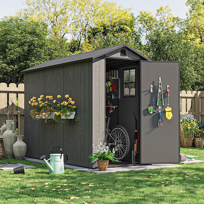 Patiowell 4x8 FT Plastic Outdoor Storage Shed with Floor, Garden Tool Shed with Two Windows and Single Lockable Door for Garden, Backyard, Lawn, Easy to Install, Dark Grey
