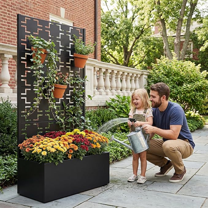 Casaphoria Metal Raised Garden Bed with Trellis, 59"x30"x12" Planter Box for Climbing Plants, Vegetables & Vines, Features Drainage Holes and Privacy Screen, Black-Square