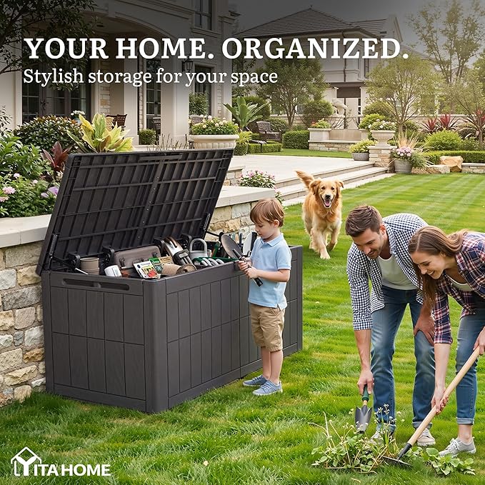 YITAHOME 134 Gallon Large Outdoor Storage Box with Lock, Waterproof Deck Box with Hydraulic Piston for Garden Tools, Pool Accessories & Cushions, Resin Deck Organizer with Bench Seat (Dark Brown)