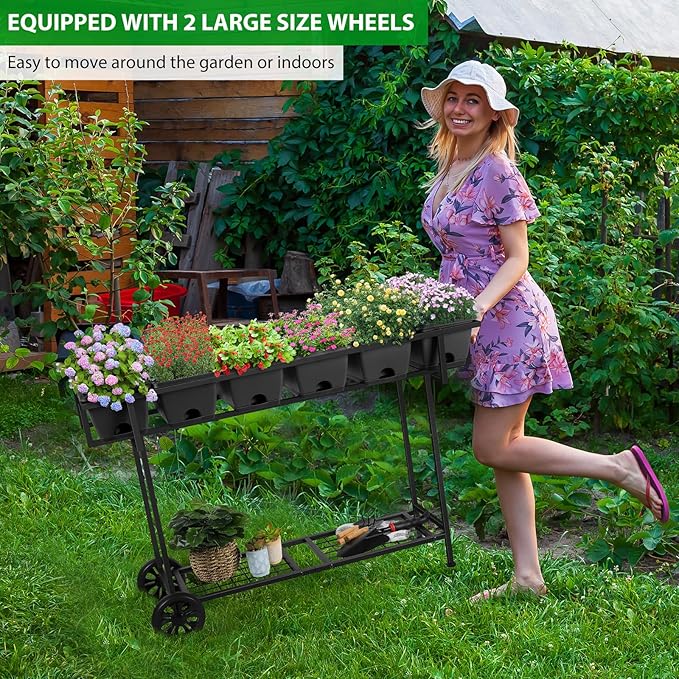 Vrisa Elevated Garden Bed with Shelf 43x17x29 in Outdoor Raised Planter Box with Legs and Wheels Vegetables Herbs Flowers Garden Box with Drain Outlet for Backyard, Patio, Balcony, Grey