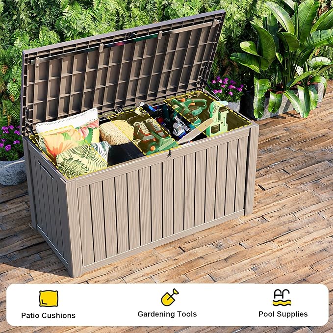 Vixzen 180 Gallon Resin Deck Box, Lockable Outdoor Storage Box for Patio Cushions Storage Furniture,Garden Tools, Pool Supplies, Weatherproof and UV Resistant- Light Brown（Grey，180 Gallon）