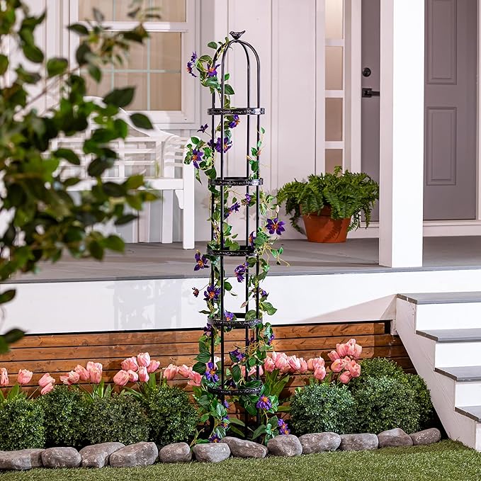 Evergreen Metal Garden Obelisk Trellis for Climbing Plants Outdoor Black | 7 Feet Adjustable | Indoor Plant Trellis for Potted Plants & Heavy Vines | Floral Pattern Arch Trellis