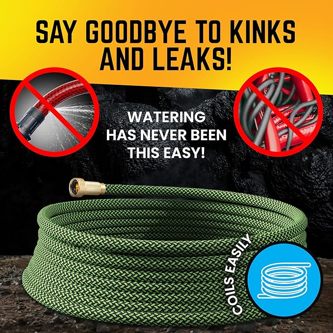 PowerFlow Garden Hose, NON-EXPANDABLE 25 Feet Premium Quality Stainless Steel Metal Water Hose with Durable Fabric Skin, Hose For Commercial, Residential Use, Bonus 10-way Spray Nozzle (25 Ft, Green)