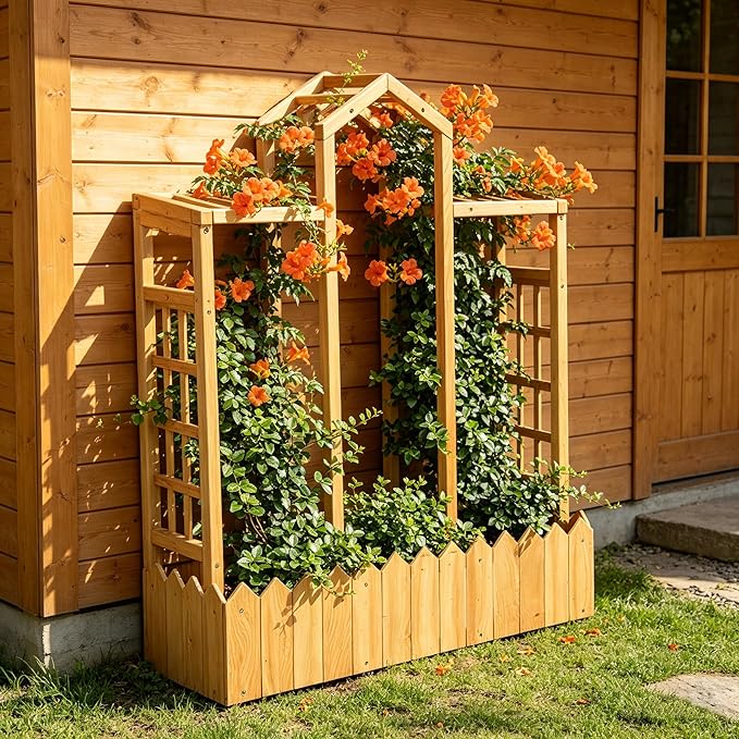 Raised Garden Beds with Arch Trellis Outdoor, Wooden Planter Boxes with Hanging Roof, Side Trellis Patio Wooden Flower Pots for Vines Climbing Vegetables Plants(Wood5)