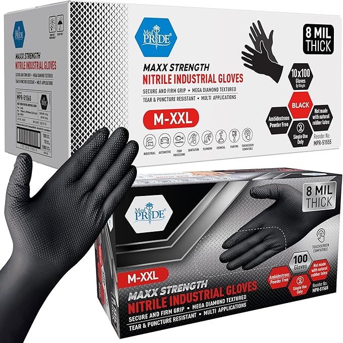 MED PRIDE Maxx Strength Nitrile Industrial Black, 8 Mil Thick - Diamond Texture Disposable Heavy-Duty, Tear-Resistant