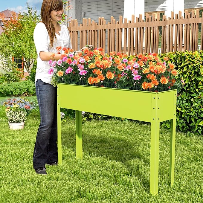 Giantex Raised Garden Bed, Metal Planter Box with Legs, Drain Hole, Outdoor Indoor Elevated Garden Box for Vegetable Flower Herb Fruit, Standing Raised Beds for Backyard Porch Balcony Green