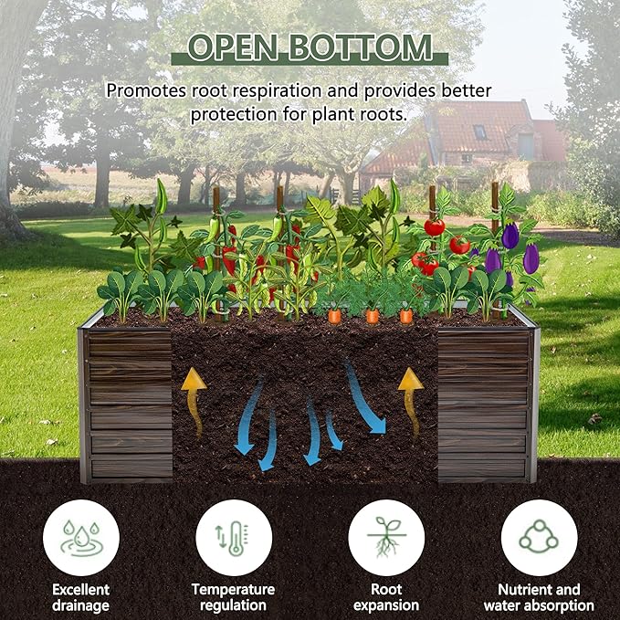 Galvanized Raised Garden Beds 6x3x2FT Outdoor Planter Boxes with Safety Edging and Gloves Metal Garden Bed Kit for Vegetables Flower and Fruits (Brown Wood Grain