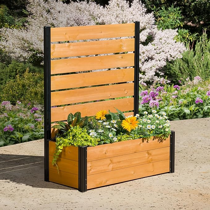 4ft H x 3.4ft W x 1.5ft L (1 Screen w/Planter) Freestanding Enclo Cedar Wood Privacy Fence Screen with Planter Box, Outdoor Wood Privacy Screen Panel for Patio, Raised Garden Bed, AZ18040