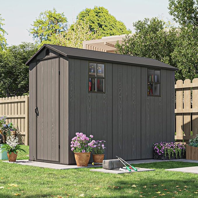 Patiowell 4x8 FT Plastic Outdoor Storage Shed with Floor, Garden Tool Shed with Two Windows and Single Lockable Door for Garden, Backyard, Lawn, Easy to Install, Dark Grey