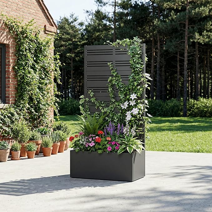 Casaphoria Metal Raised Garden Bed with Trellis, 59"x30"x12" Planter Box for Climbing Plants, Vegetables & Vines, Features Drainage Holes and Privacy Screen, Black-Harold