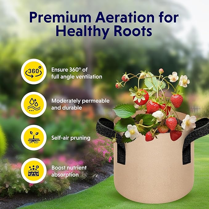 iPower 20-Pack 2 Gallon Grow Bags 300G Thick Nonwoven Aeration Fabric Pots Heavy Duty Plant Containers with Handles for Garden Planting, Tan
