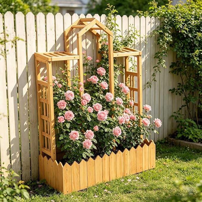 Raised Garden Beds with Arch Trellis Outdoor, Wooden Planter Boxes with Hanging Roof, Side Trellis Patio Wooden Flower Pots for Vines Climbing Vegetables Plants(Wood5)