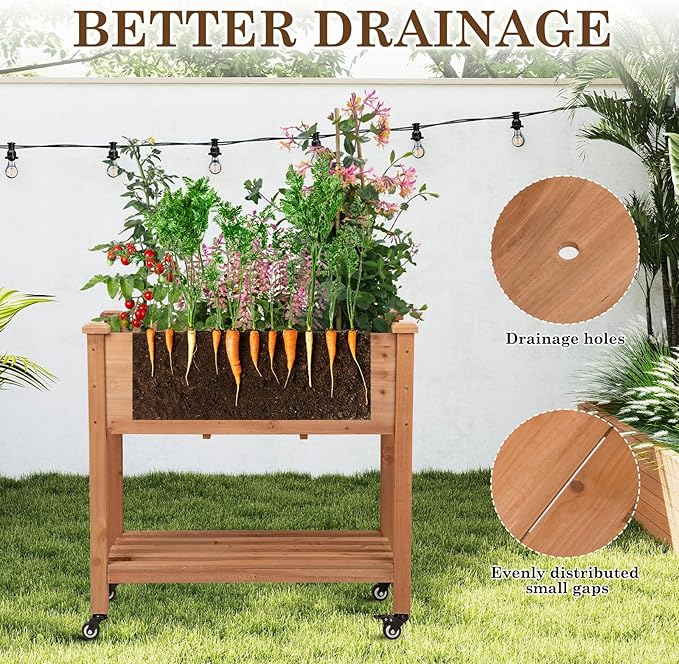 Raised Garden Bed with Lockable Wheels, 32x16x32 inch Elevated Wood Planter with Storage Shelf Protective Liner for Vegetable Flower Herb Outdoor Balcony Patio Backyard, Brown