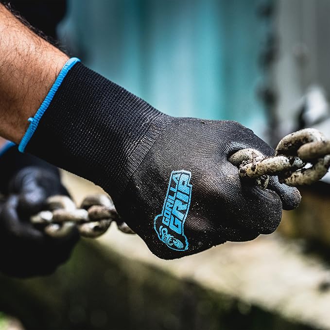 Gorilla Grip Work Gloves, Never Slip Maximum Grip All-Purpose, Gloves for Men, Superior in Wet, Dry, Oily Conditions, Polymer Palm, Large Size, 15 Pairs, Black/Blue | 25042-25