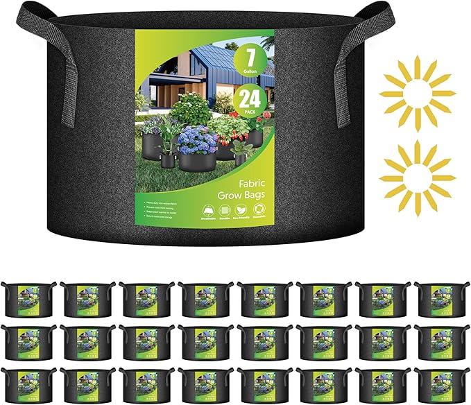 iPower 24-Pack 7 Gallon Grow Bags Heavy Duty Thickened Aeration Nonwoven Fabric Pots with Nylon Handles and 24 Labels, for Planting Vegetables, Fruits, Flowers, Black
