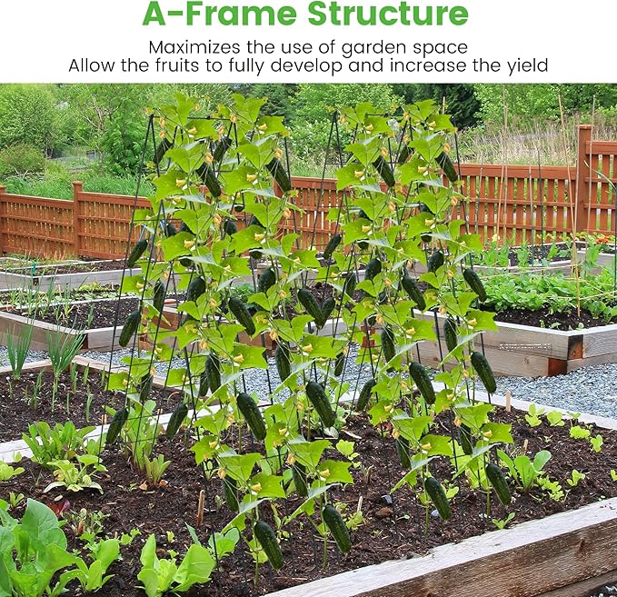 Foldable Cucumber Trellis 64" H x 20" W, A-Frame Garden Trellis for Raised Bed, Outdoor Climbing Plant Support with Twist Ties & Plant Bags for Climbing Plants Outdoor