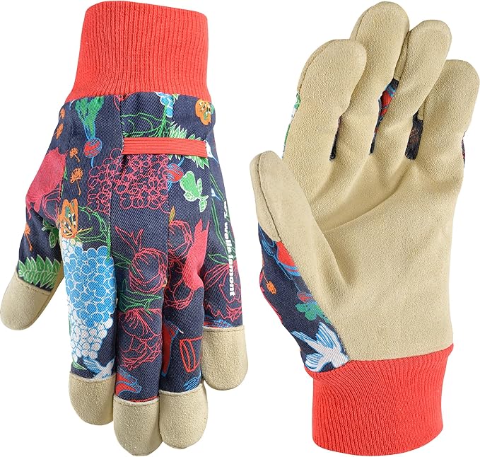 Wells Lamont Women's Leather Palm Garden Print Fabric Gardening Gloves, Navy, Large (4180L-990)