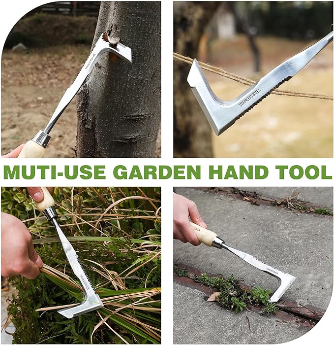 WORKPRO Crack Weeder, 12" Stainless Steel Crevice Weeding Tool with Ash Wooden Handle, L-Shaped Side-Walk Weed Puller Spatula, for Garden Lawn Yard Patio Terrace Paving Moss Garden Tool