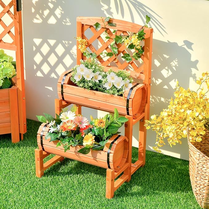 Giantex Raised Garden Bed with 2 Barrel Planters & Trellis, 2-Tier Freestanding Wooden Raised Bed for Vegetable Flower Fruit, Indoor Outdoor Plant Box for Garden Yard Balcony
