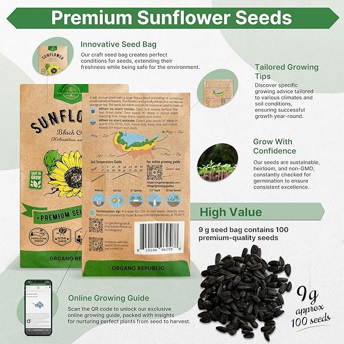 Organo Republic Sunflower Black Oil Seeds Pack 9G - Over 100 of Non-GMO Heirloom Sunflower Seeds for Planting Vegetables in Individual Seed Packet, Vegetable Seeds for Planting Indoor & Outdoor Garden