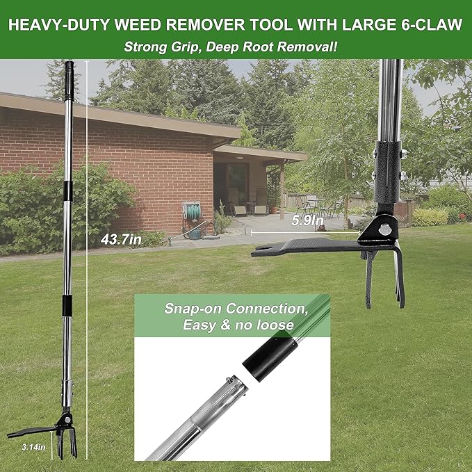 Weed Puller Tool Stand Up Hand Weeder Tool with Adjustable Long Handle, Weed Remover with Steel Head, Remove Weeds Root Easily without Bending, Pulling or Kneeling for Lawn Yard Garden(6 CLAWS)