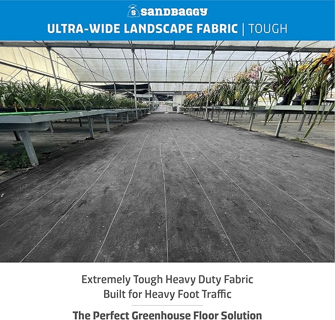 Sandbaggy Extra Wide Landscape Fabric | 40 Year UV Protected Weed Mat, Ground Cover, Garden Tarp | Industrial Grade | 135 Lbs Tensile | DOT Approved (1 Roll - 10 ft x 200 ft)