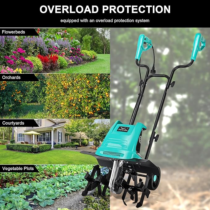IncwBo Tiller 13.5AMP Rototiller for Garden Corded Electric Tiller Garden Electric Cultivator 8Inch Depth 16Inch Width Tiller for Garden Yard