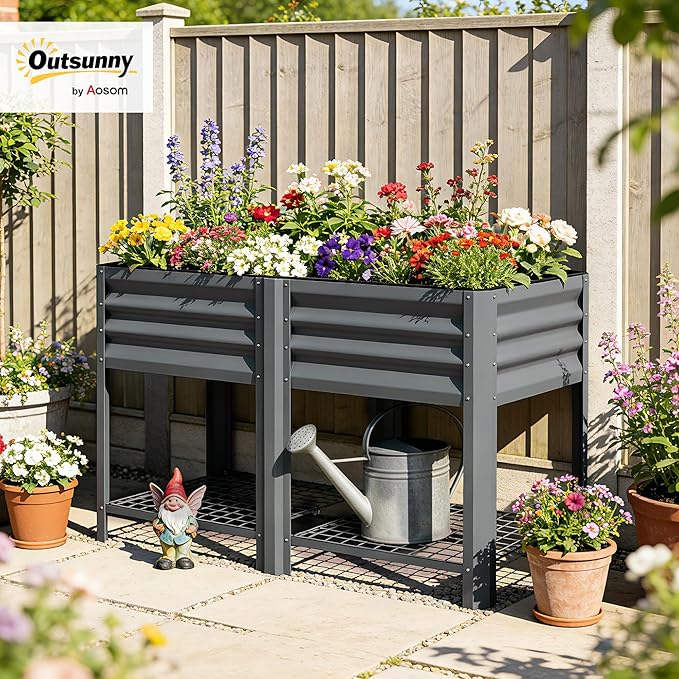 Outsunny Galvanized Steel Raised Garden Bed with Storage Shelf and Bed Liner, Elevated Planter Box with Legs for Flowers, Vegetables, and Herbs, for Outdoor Patio Yard, Glove Included, Dark Gray