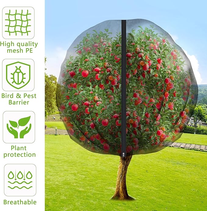 10.8 x 9.8 Ft Black Large Fruit Tree Netting with Zipper and Drawstring, Breathable Mesh Garden Bird Netting Plant Cover, Insect Bird Barrier Net Mesh for Protect Fruits Plants from Squirrel Bugs