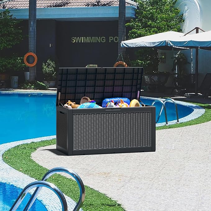 Oudoor Storage Deck Boxes Waterproof, Waterproof and UV Resistant Outdoor Storage Box Lockable Lid for Delivery Box, Indoor, Garden Tools, Pool Supplies, Patio (Black, 110 Gallon)