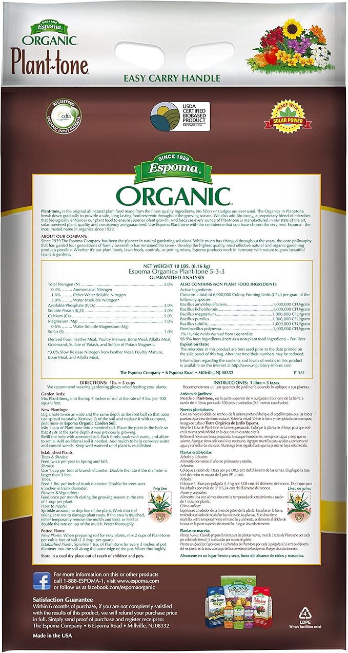 Espoma Organic Plant-Tone 5-3-3 Natural & Organic All Purpose Plant Food;18 lb. Bag; The Original Organic Fertilizer for All Flowers, Vegetables, Trees, and Shrubs.