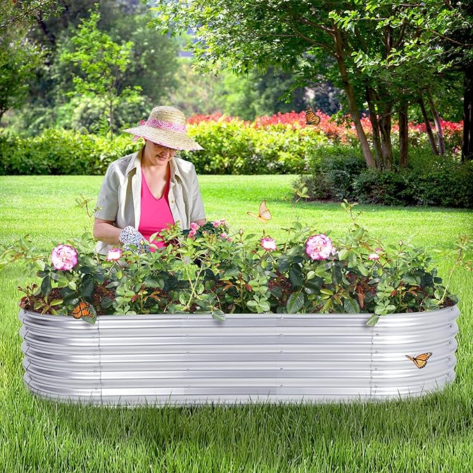 Aoodor Galvanized Raised Garden Bed Kit, 6.6 x 2.6 x 1.4 Ft, Oval Planter Box for Vegetables, Flowers, and Herbs, Outdoor Use, Silver