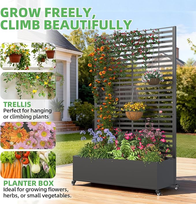 Metal Planter Box with Trellis, 73"x 47"x 16" Raised Garden Bed with Wheels and Drainage Holes, Planter with Trellis for Garden, Balcony and Patio, Black