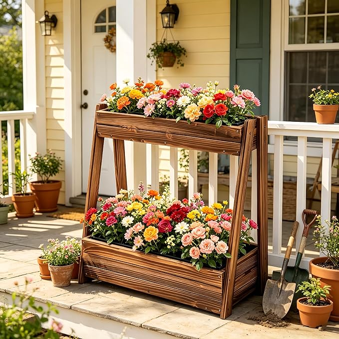 2-Tier Elevated Raised Garden Bed, 36" H Fir Wood Planter Box with 23" Growth Space for Tall/Climbing Plants, Drainage Holes & Non-Woven Liner, Outdoor Garden Planter for Patio Balcony Backyard