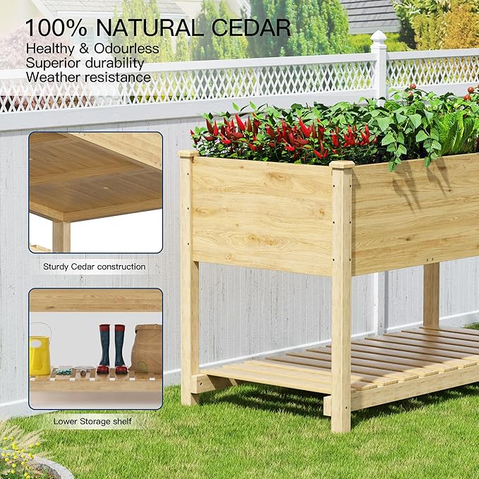 Kullavik 2 pcs Raised Garden Bed with Legs,Outdoor Elevated Cedar Wood Planter Box with Storage Shelf for Vegetables/Flowers/Herbs in Balcony/Backyard/Patio,220lb Capacity-Natural