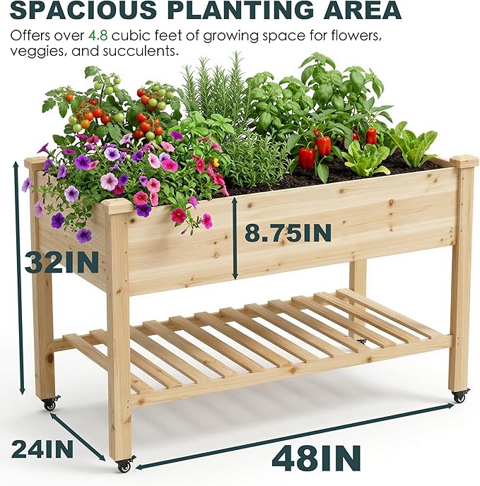 Raised Garden Bed with Lockable Wheels, 48 x 24 x 32 Inch Wooden Planter Box with Storage Shelf, 300 lb Capacity Mobile Outdoor Planter for Vegetables, Flowers, Herbs, Natural Wood