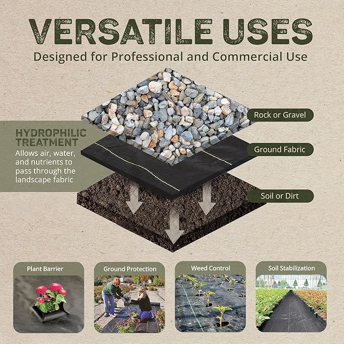 Dewitt Sunbelt Weed Barrier Fabric 3.2 oz, 6 x 200 Feet – Heavy-Duty Ground Cover Mat for Greenhouse Floors, Garden Rows, Raised Beds, Yard Gardening, and Outdoor Landscape Protection