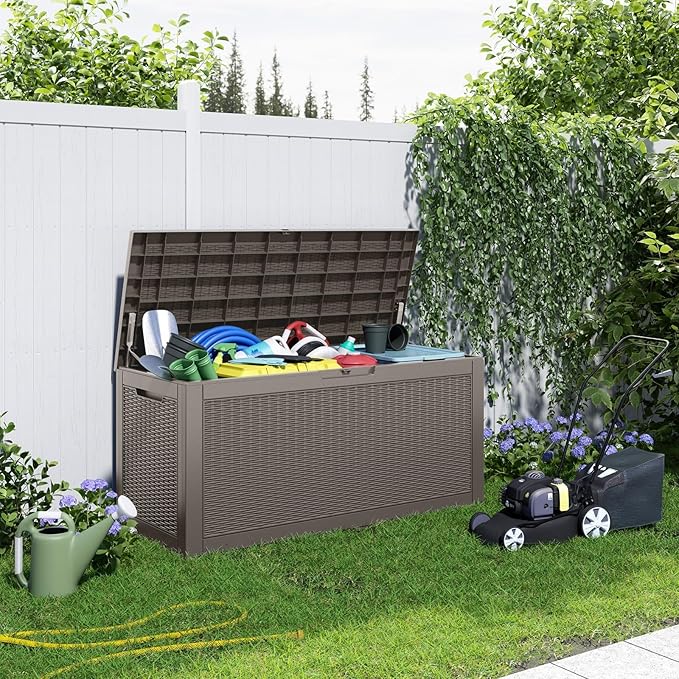 ROJIK 110 Gallon Deck Boxes Outdoor Waterproof, Weatherproof Outdoor Storage Boxes with Lockable Lid and Side Handles for Patio Furniture Cushions, Garden Tools, Pool Accessories (Grey, 110 Gallon)