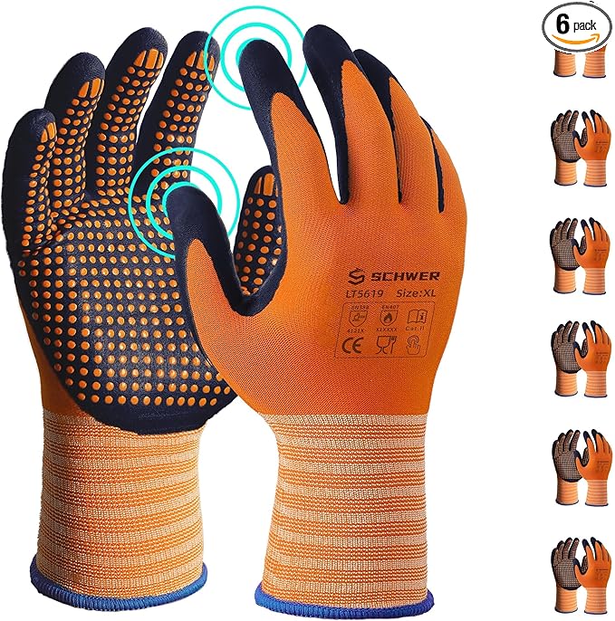 Schwer 6 Pairs Safety Work Gloves MicroFoam Nitrile Coated, Level 4 Abrasion & A1 Cut Resistant Nylon Working Gloves with MicroDot Grip, Touchscreen, Used for General Work, Gardening, LT5619, XL