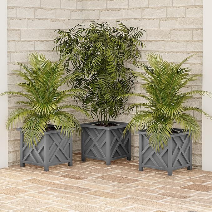 Lattice Design Planter Box - 14.75-Inch-Square Decorative Outdoor Flower or Plant Pot - Front Porch, Patio, and Garden Decor by Pure Garden (Gray)