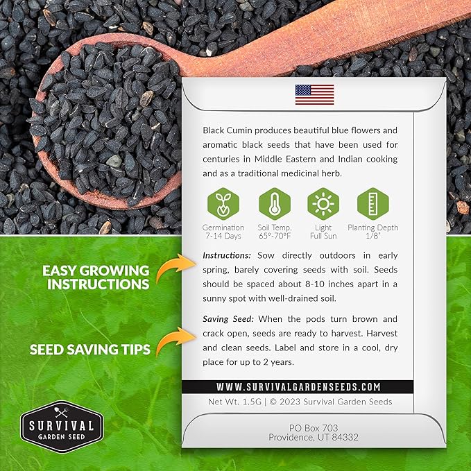 Survival Garden Seeds Black Cumin Seed for Planting - 1 Packet with Instructions to Plant and Grow Beneficial Nigella Sativa Plants in Your Home Vegetable Garden - Non-GMO Heirloom
