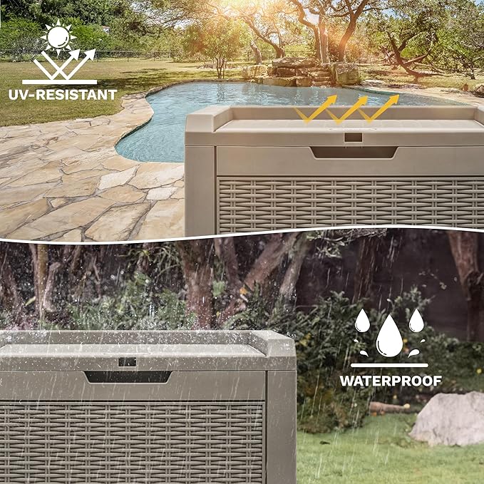 DWVO 32 Gallon Resin Storage Box, Indoor Outdoor Deck Box for Package Delivery, Patio Cushions, Gardening Tools, Lockable, Waterproof