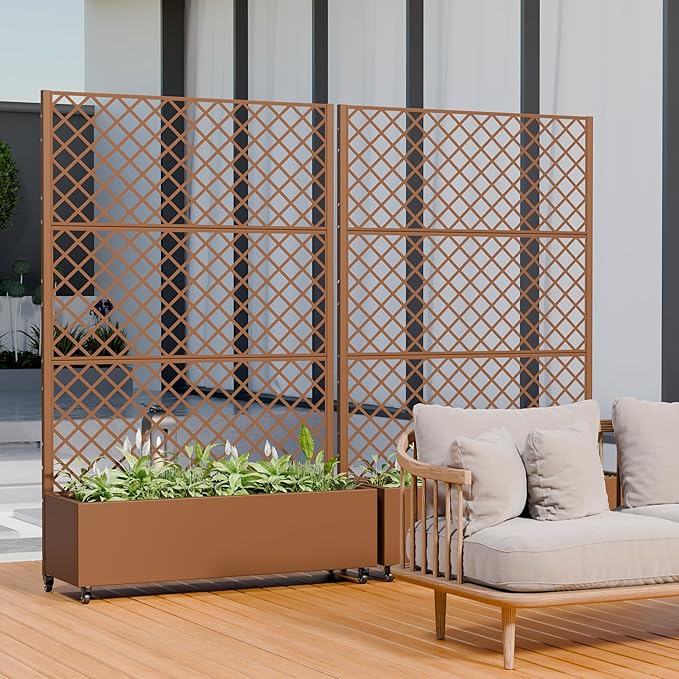 Casaphoria Metal Raised Garden Bed with Trellis and Wheels, 72"x47"x16" Arched Planter Box for Climbing Plants, Vegetables & Vines, Features Drainage Holes and Privacy Screen, Brown-Rhombus