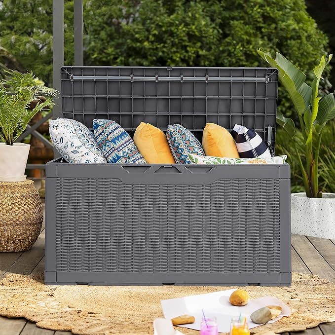 Flamaker Deck Box with Cushion 98 Gallon Waterproof Resin Storage Box with Air Rod Indoor Outdoor Lockable Storage Bench for Patio Furniture, Tools, Pool Accessories (Gray)